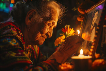 Old Woman Remembering a Family Member with Flower and Candle Offerings on Day of the Dead in Mexico