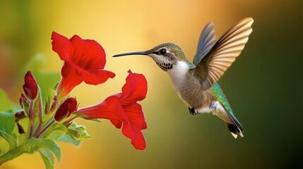 Naklejka premium A small hummingbird hovering near a bright red flower, its wings a blur as it feeds on nectar.