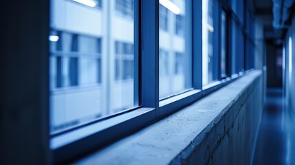 A close-up view of a corridor with large windows, creating a serene and modern atmosphere.