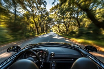 Fototapeta premium Captivating view from an open convertible racing down a scenic country road surrounded by trees