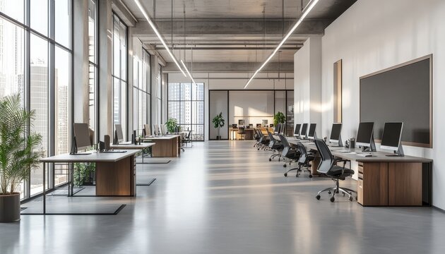 Modern minimalist open plan office featuring ergonomic workstations in a clean environment