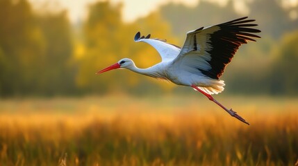 Obraz premium A stork flying low over a field, with its long legs trailing behind and wings beating steadily.