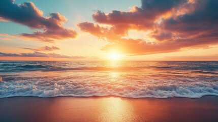 Fototapeta premium A sunset over a sandy beach, with the sun dipping below the horizon and casting a golden glow across the water.