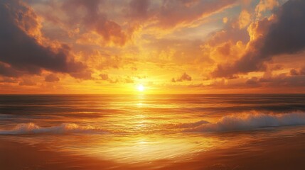 Fototapeta premium A sunset over a sandy beach, with the sun dipping below the horizon and casting a golden glow across the water.
