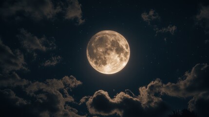 Fototapeta premium A supermoon rising, appearing larger than usual in the night sky, with clouds drifting across it.
