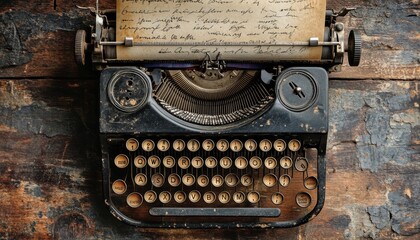 Vintage typewriter surrounded by artistic lettering collage on rustic wooden surface