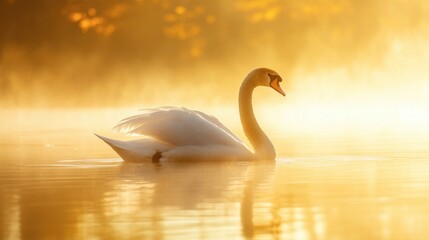 Fototapeta premium A swan gliding gracefully across a calm lake at sunrise, with soft golden light illuminating its white feathers.