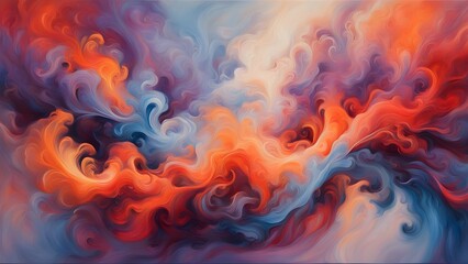 Fototapeta premium Abstract painting of swirling clouds in vibrant orange, blue, purple, and white hues.