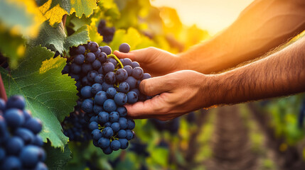 Fototapeta premium plucking ripe grapes from the vine, symbolizing care, harvest, and the rewards of hard work in a lush vineyard.