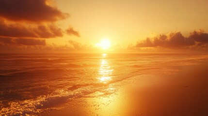 Fototapeta premium A sunset over a sandy beach, with the sun dipping below the horizon and casting a golden glow across the water.