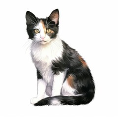 Fototapeta premium Beautiful Calico Cat Illustration - Detailed and Realistic Artwork of a Sitting Tricolor Cat