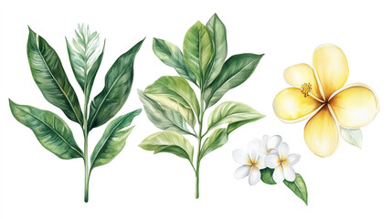 Obraz premium Watercolor tropical plants and flowers illustration, leaves, yellow and white plumeria