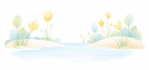 A serene landscape featuring soft watercolors of flowers and greenery beside a tranquil body of water, perfect for relaxation.