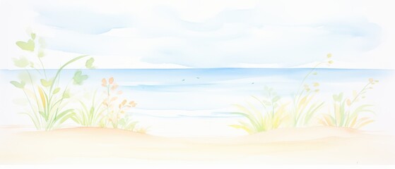 A serene watercolor beach scene featuring gentle waves, soft clouds, and delicate coastal plants, evoking tranquility and nature.