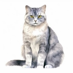 Obraz premium Realistic Watercolor Illustration of a Grey Cat with Intense Yellow Eyes - Perfect for Home Decor and Art Projects
