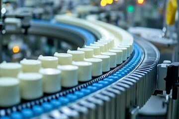 Obraz premium Conveyor Belt with White Circular Containers in a Factory