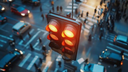 A traffic light at a busy junction, with cars honking and people crossing in all directions