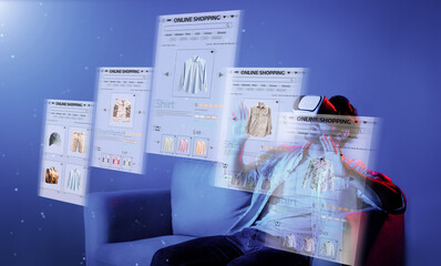 Caucasian man choosing and selecting product for shopping list while wearing visual reality goggles. Skilled person sitting at sofa with shopping bags while using VR glasses. Technology. Deviation.