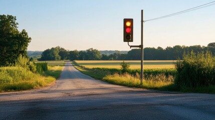 A traffic light at a quiet rural intersection, with fields and trees in the background.