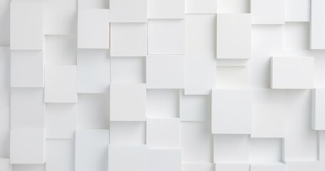 Obraz premium A textured white wall featuring a dynamic arrangement of square panels, creating a modern and minimalist aesthetic.