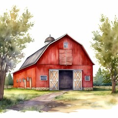 Hand-Painted Illustration of a Red Barn with Open Doors Surrounded by Trees in a Rural Setting