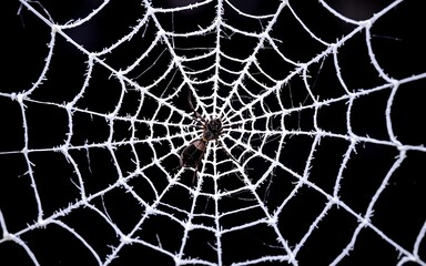 Obraz premium A spider sits in the center of a white spiderweb against a black background, evoking a sense of mystery and intrigue. 