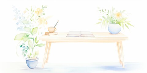 A serene workspace with a wooden table, an open book, and beautiful flower arrangements in pots, creating a calming atmosphere.