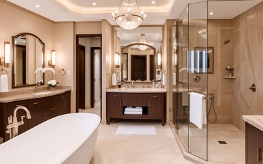 A luxurious bathroom with white bathtub and brown cabinets, perfect for showcasing hotel amenities and promoting relaxation. 
