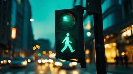 A traffic light showing green, with a pedestrian still rushing across the street.
