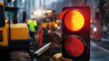 A traffic light showing red at a construction site, with workers and machinery in the background.