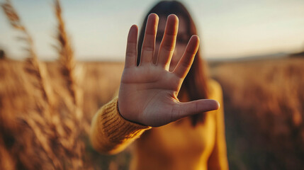 palm-out gesture, signaling 'stop,' stands out against a blurred background, conveying a clear message of halting or pausing