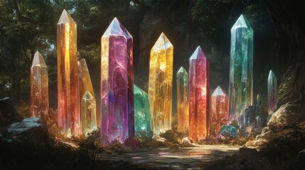 A mystical forest path lined with colorful crystal spires