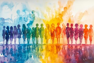 Abstract watercolor artwork showcasing a diverse group of people in unity and colorful harmony