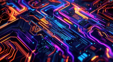 Abstract Circuit Board with Neon Lights