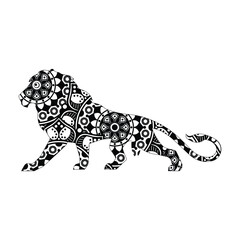 Artistic coloring page of Lion with intricate patterns and floral backdrop.Lion coloring pages for adult.