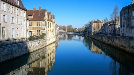 Fototapeta premium A view of a canal from a bridge, with the water reflecting the clear blue sky and surrounding architecture.