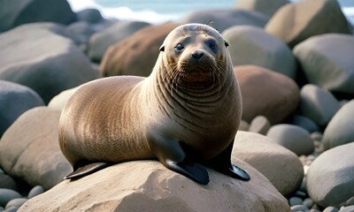 Naklejka premium A brown fur seal resting on rocky terrain with a blurred background