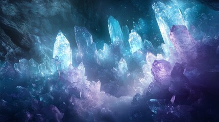 Obraz premium Glowing Blue and Purple Crystals in a Dark Cave