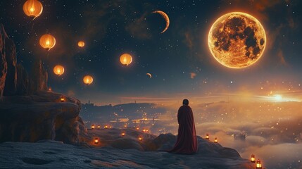 Fototapeta premium A figure on the moon celebrates a lunar eclipse with traditional music, dancing, and glowing lanterns. 