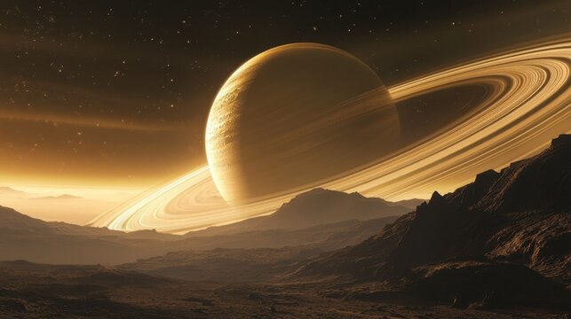 A view of Saturn and its rings as seen from one of its moons, with the planet looming large in the sky.
