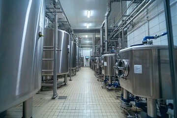 Industrial Interior with Rows of Stainless Steel Tanks and Piping