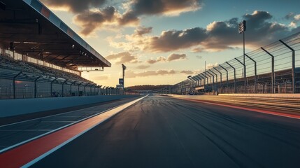 A wide shot of a race track at sunset, with the empty stands and track stretching into the distance.