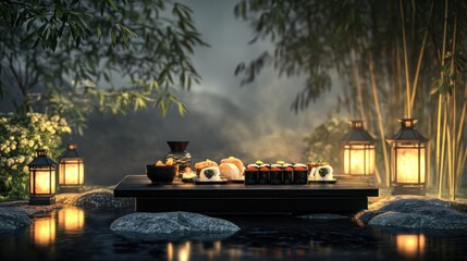 Obraz premium Sushi Rolls on a Table in a Japanese Garden at Night