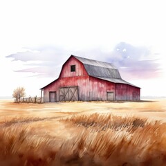 Obraz premium Rustic Red Barn in Countryside Field - Watercolor Illustration of Old Farm Barn