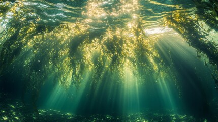 Obraz premium Sunbeams Illuminate Kelp Forest Underwater