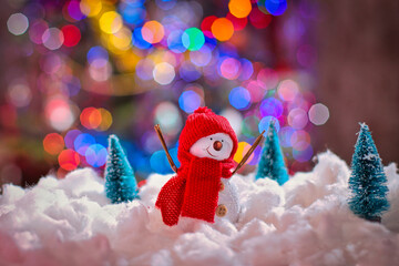 Christmas card, snowman in snow and trees, Happy new year and Xmas celebration concept