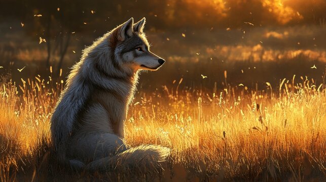 A wolf sitting in a meadow at sunset, with the golden light casting a warm glow on its fur.