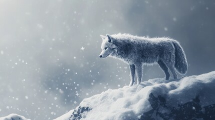 Obraz premium A wolf standing on a snowy hill, with the wind blowing snowflakes around its fur.