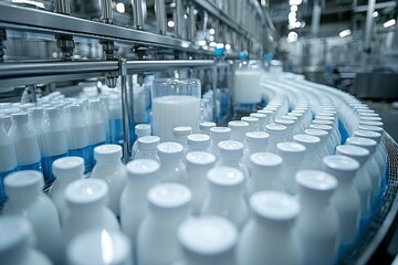 Obraz premium Milk Bottles on a Conveyor Belt in a Factory