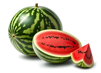 A whole green watermelon and a sliced piece of watermelon, revealing the bright red flesh and black seeds